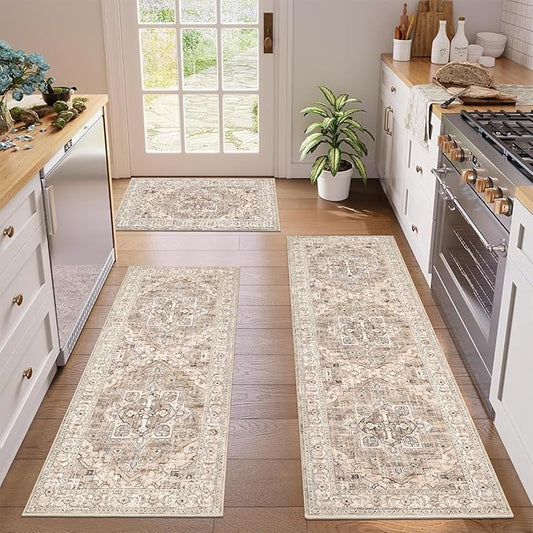 Pauwer Kitchen Mats for Floor 3 Piece Set Boho Non Slip Kitchen Rugs Washable Farmhouse Kitchen Floor Mats Thick Long Kitchen Throw Area Rug Carpet Runner for Hallway Entryway Laundry Bathroom, Beige
