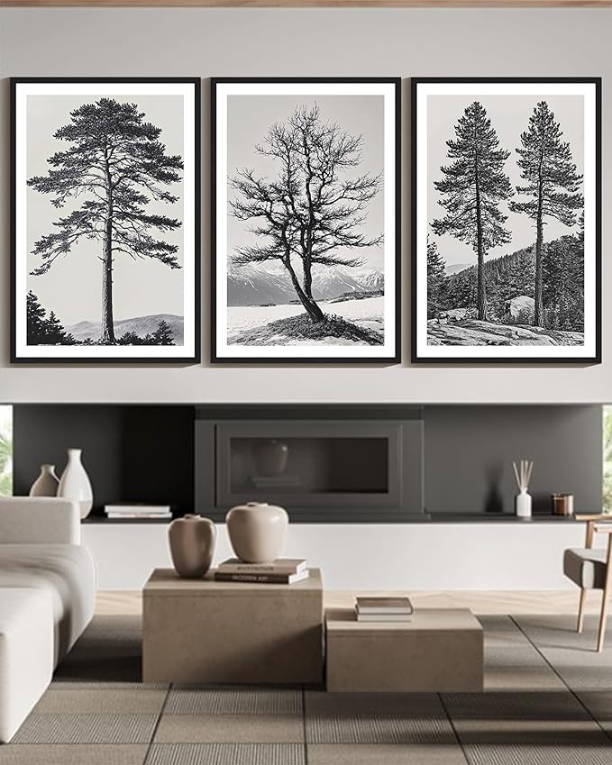 KUVIOKE Vintage Black Gray Forest Wall Art Framed Antique Retro Tree Prints Modern Rustic Artwork Bedroom Living Room Ready to Hang 24x36in (Black Framed)