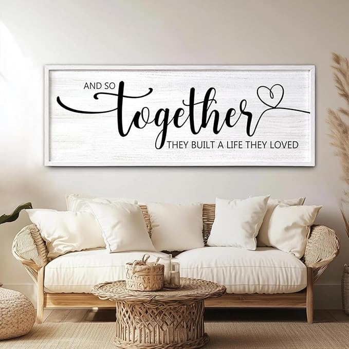 And So Together They Built A Life They Loved Decorative Rustic Sign & Plaque Framed Wall Art for Couples, 40''×15' Wooden Long Wall Decor Above Bed, Vintage Horizontal Farmhouse Wedding Gift
