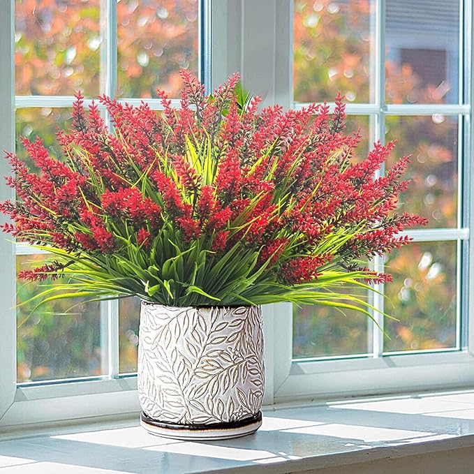 20 Bundles Artificial Plants Outdoor Fake Monkey Grass with Flowers (Red)