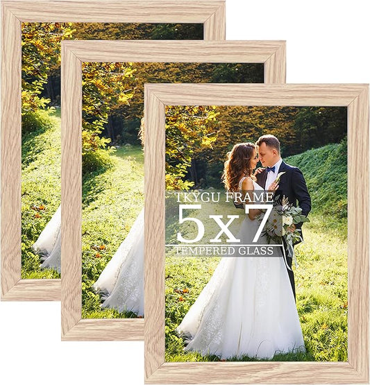 5x7 composite wood Picture Frame Set of 3, Real Glass for Rustic Natural 5x7in Poster Frames-Art Frame, Wall Hanging-Tabletop Display Gallery Family Wedding Memorial Pic Frame Best Gift