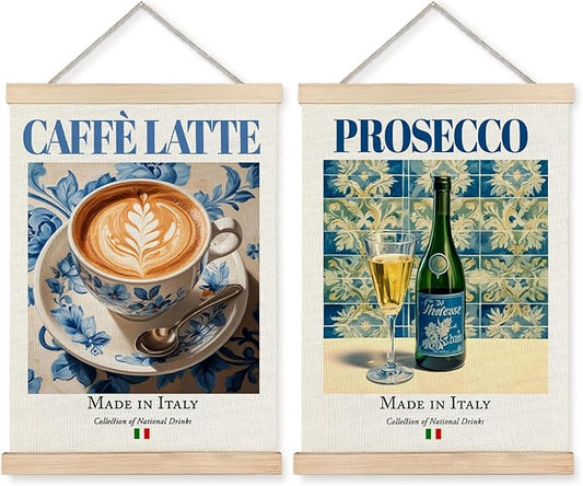 Yomisex Italy Caffè Latte Prosecco Wall Art Poster, Traditional Italian Beverage on Maiolica Tiles Canvas Prints Wall Art Framed for Kitchen Coffee and Wine Bar Decor, 12x16 Inch Set of 2