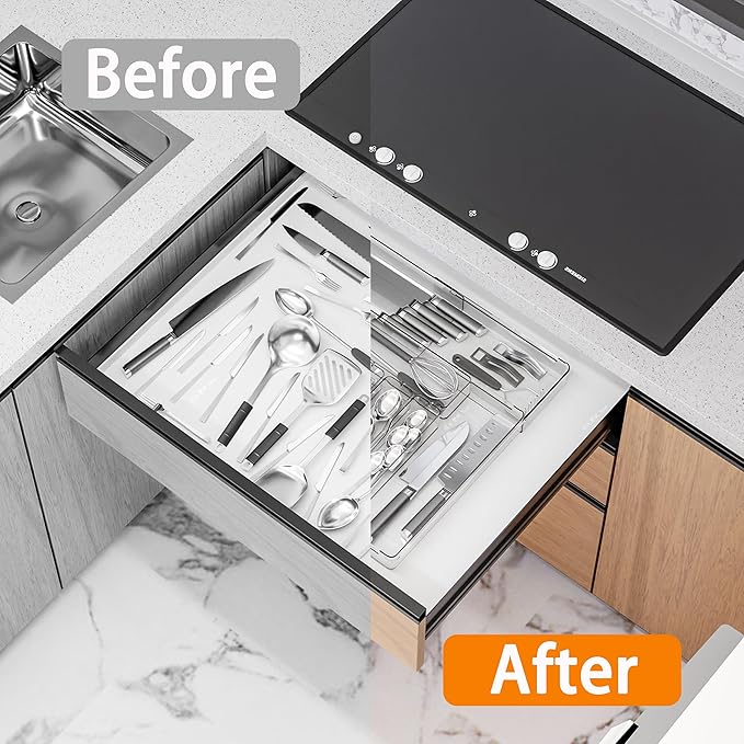 Silverware Drawer Organizer, Expandable Utensil Tray for Kitchen Drawers,BPA Free Flatware and Cutlery Holder,Adjustable Plastic Storage for Utensil like Spoons, Forks, Knives.Clear