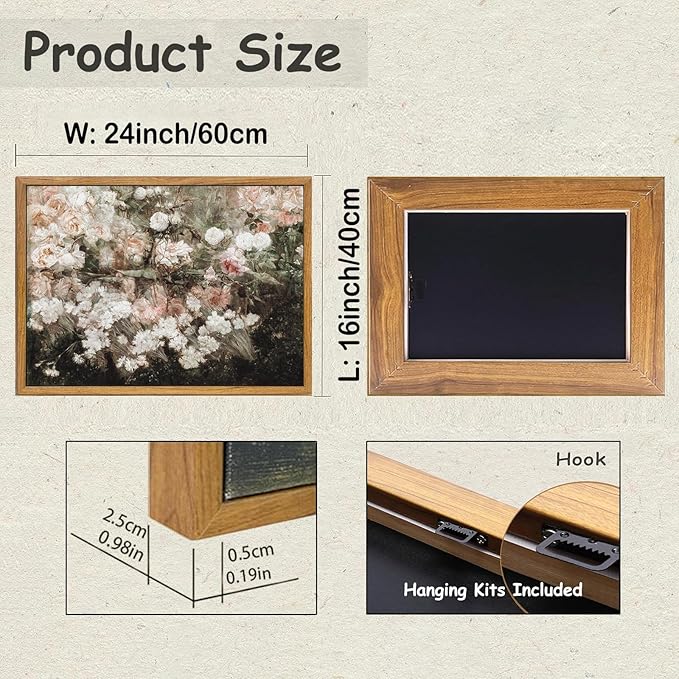 KBKBART Framed Canvas Wall Art for Living Room Bedroom Decor, Vintage Moody Floral Art Print Flower Rose Garden, Rustic Bathroom Decor, Classical Vintage (16"x24")