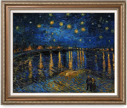 DECORARTS - Starry Night Over The Rhone, Vincent Van Gogh Art Reproduction. Acid Free Cotton Canvas Giclee Print w/Bronze Frame&Mat for Wall Decor.
