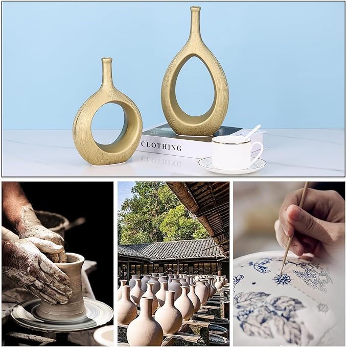 LCCCK Matte Gold Ceramic Vase Set of 2 - Ribbed Hollow Aesthetic Decorative Vase, Modern Farmhouse Table Centerpiece, Boho Gold Vases for Flower Decor and Home Living