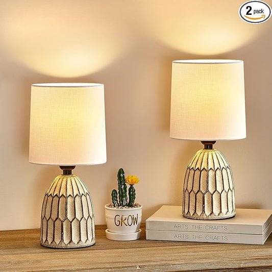 Table Lamps Set of 2-13.5" Small Boho Lamp - Bedside Lamps - Farmhouse Rustic Ceramic Table Lamp for Bedroom, Living Room, Nightstand, Office, Side Desk Lamp, End Table Lamp