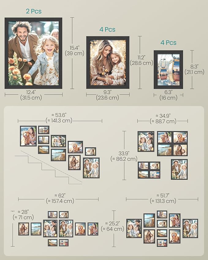 SONGMICS Picture Frames, Collage Picture Frames Set of 10, Two 11x14, Four 8x10, Four 5x7, Photo Frame for Wall Gallery Decor, Table Display, Glass, Ink Black URPF110B01