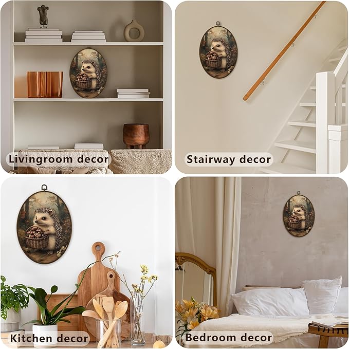Gnmduw Vintage Hedgehog Oval Wall Art Framed, Fall Cottagecore Mushroom Canvas Prints Hanging Decor, Dark Academia Mushroom Hedgehog Wall Decor for Nursery Gallery Bedroom Living Room, 8.7x11.3 In