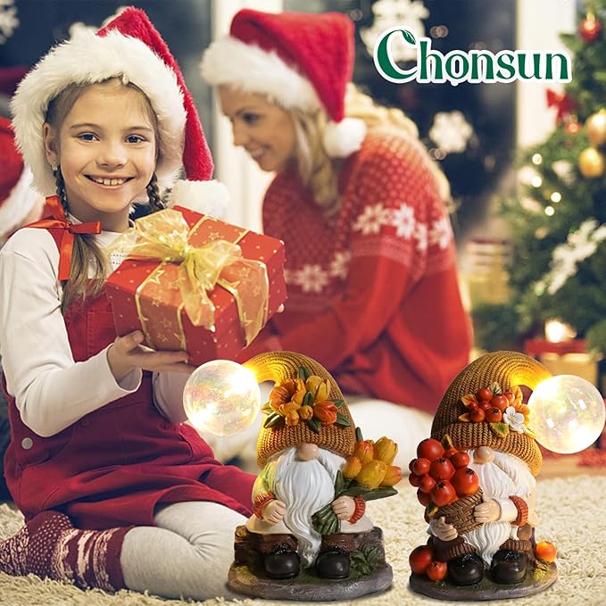 2PCS Garden Gnomes Statues Fall Gnome Decorations Outdoor Indoor Figurines Lights Fairy Garden Thanksgiving Home Decor
