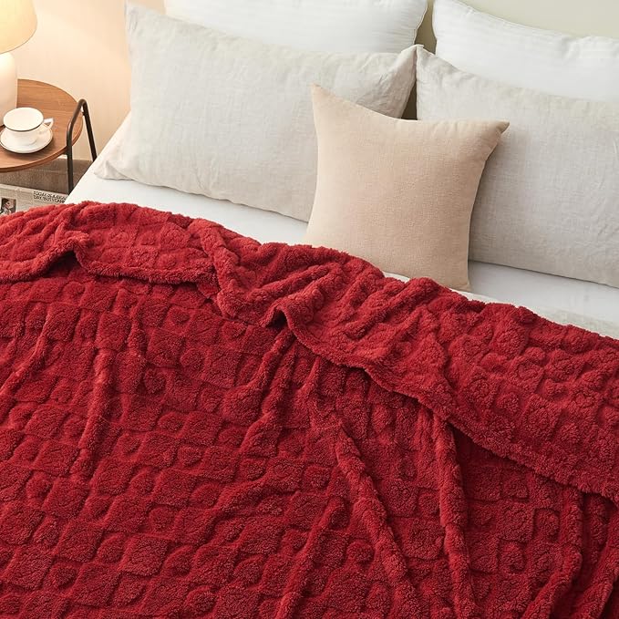 NEWCOSPLAY Super Soft Twin Blanket Red Premium Silky Flannel Fleece 3D Heart Checkered Lightweight Bed Blanket All Season Use (Red Heart, Twin(60"x80"))