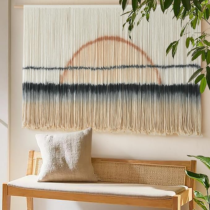 Jakalin Macrame Wall Hanging Large Sunset Dip Dye Boho Tapestry Handmade Woven Cotton Wall Art for Bedroom, Living Room, Above Bed Neutral Modern Minimalist Decor 57" Wx35 L