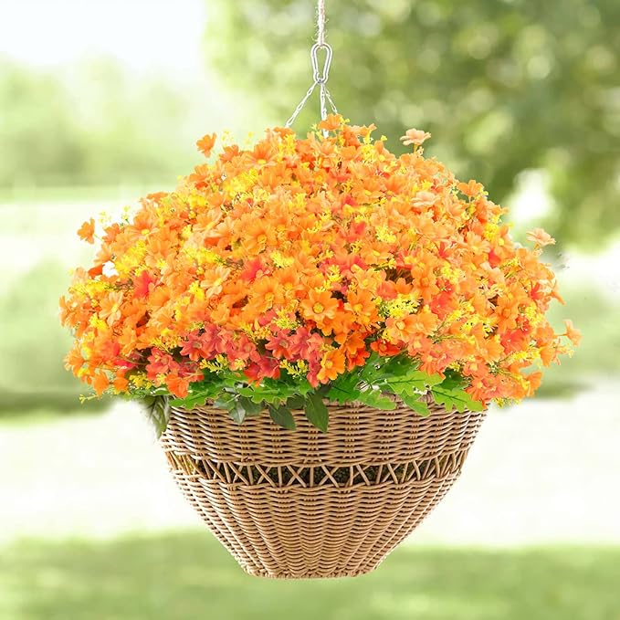 Uieke 6PCS Artificial Fake Fall Flowers for Outside, Daisy Mums Flowers UV Resistant No Fade for Indoor Home Office Hanging Planter Wedding DIY Garden Porch Thanksgiving Décor (Orange)