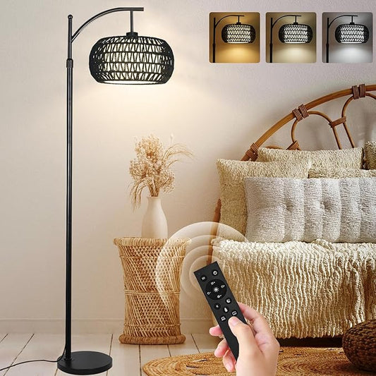 Arc Floor Lamp with 3 Color Temperatures,Black Floor Lamp with Remote Control, Boho Standing Lamp with Rattan Wicker Shades, Farmhouse Tall Pole Lamp for Living Room Bedroom