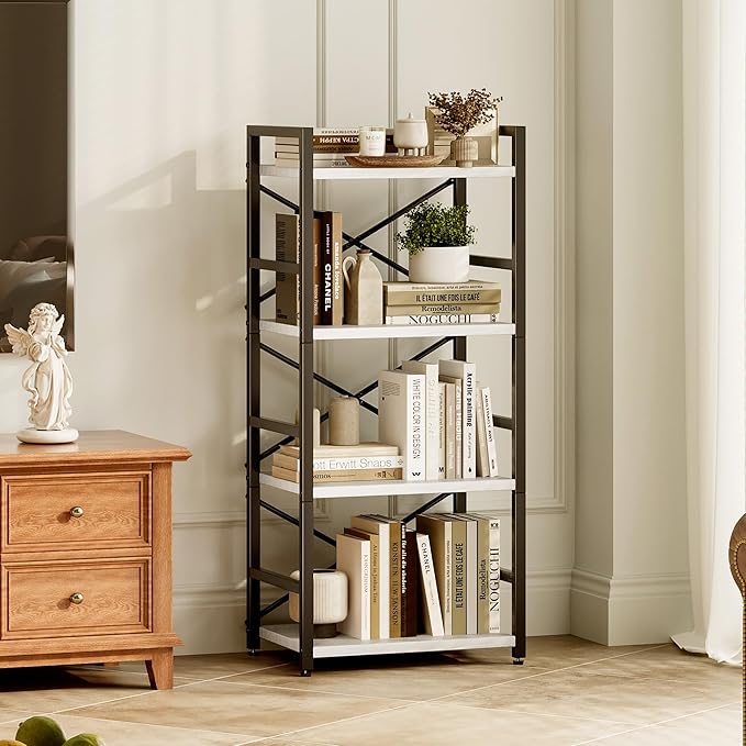 Homeiju 4 Tier Small White Metal Bookcase for CD/Movie/Book, Book Shelf Organization and Storage for Living Room, Kid's Room, and Home Furniture - 1018WH