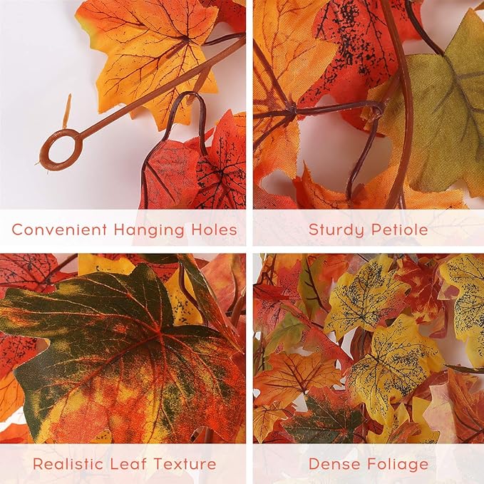 RECUTMS 2 Pack Fall Maple Garland - 5.8 FT/Pcs Autumn Hanging Fall Leave Vines for Home Garden Wedding Party Thanksgiving Dinner Fireplace Door Frame Doorway Backdrop Christmas Decor