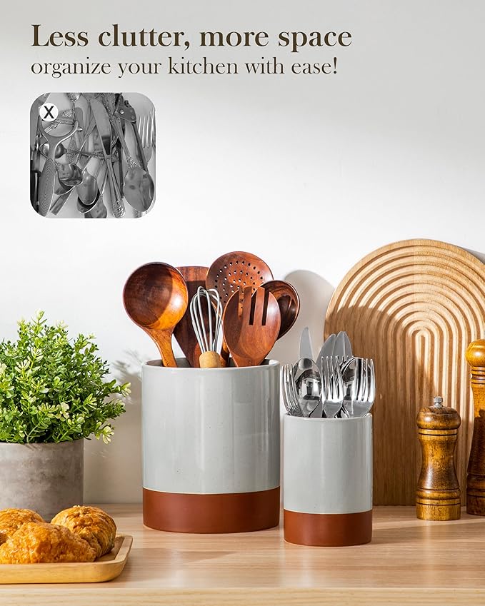 MALACASA Utensil Holder, 7.3"+5.5" Ceramic Kitchen Utensil Holder for Countertop, Large Cooking Utensil Crocks for Kitchen Counter, Farmhouse Utensils Organizer, Set of 2, Khaki Gray, Series TARA