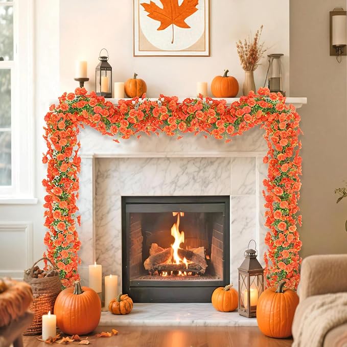 Dremisland Fall Artificial Flowers Garland 2Pcs 5.9Ft Artificial Fall Morning Glory Flower Vines UV Resistant Orange Yellow Hanging Autumn Floral Vines for Home Garden Wedding Party Thanksgiving Decor