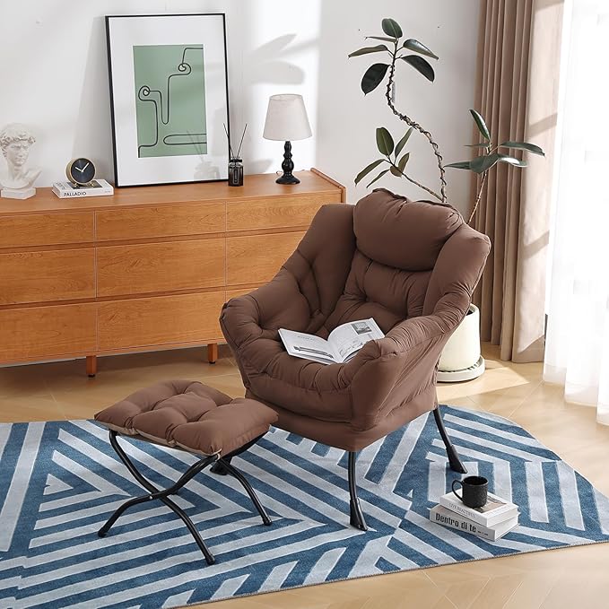 Lazy Chair with Ottoman, Modern Chair with Folding Footrest, Lounge Accent Chair, Comfortable Reading Chair (Dark Brown)