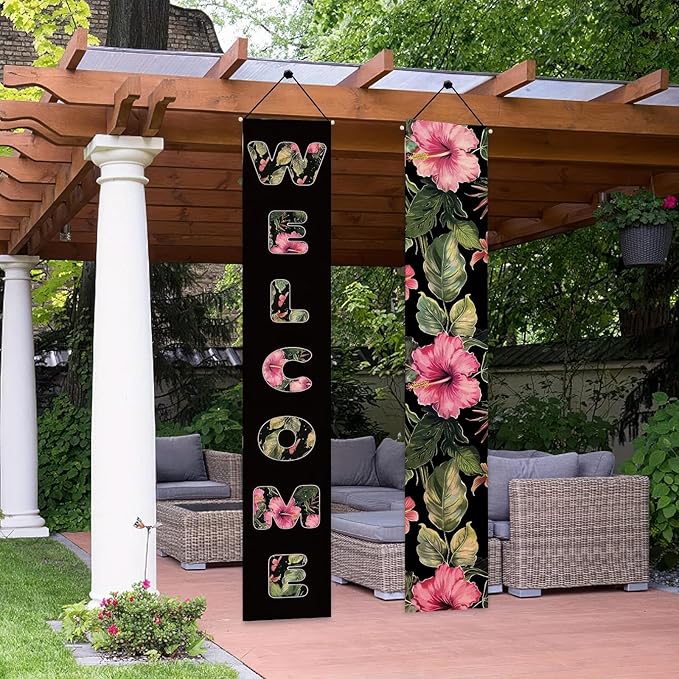 2pcs Welcome Summer Door Banner Hawaiian Porch Banners Sign Floral Summer Hibiscus Front Door Hanging Decor Banner for Seasonal Home Hawaii Tropical Party Outdoor Decorations