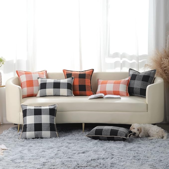 decorUhome Farmhouse Gingham Buffalo Plaid Check Throw Pillow Covers 16x16 Set of 2, Outdoor Fall Linen Decorative Pillow Covers with Stitched Edge for Bed Couch Sofa, Orange and Black