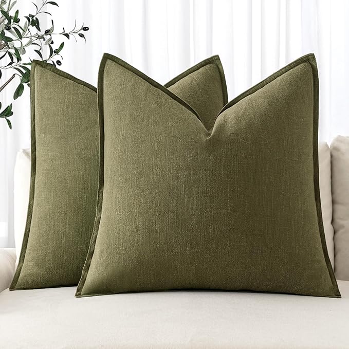 MIULEE Decorative Linen Pillow Covers 20x20 Inch Green Boho Farmhouse Neutral Couch Throw Pillows for Bed Pack of 2 Accent Outdoor Pillowcase Modern Sofa Cushion Livingroom Home Decor