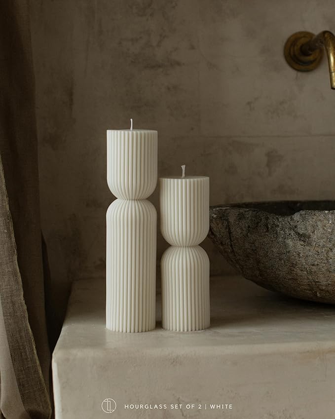 LAWA Hourglass Pillar Candle - Large Beautiful Handmade Pillar Scented Soy Wax Elegant Bubble Aesthetic Candle Housewarming Gift Home Room Shelf Decor Idea - White (Set of 2)