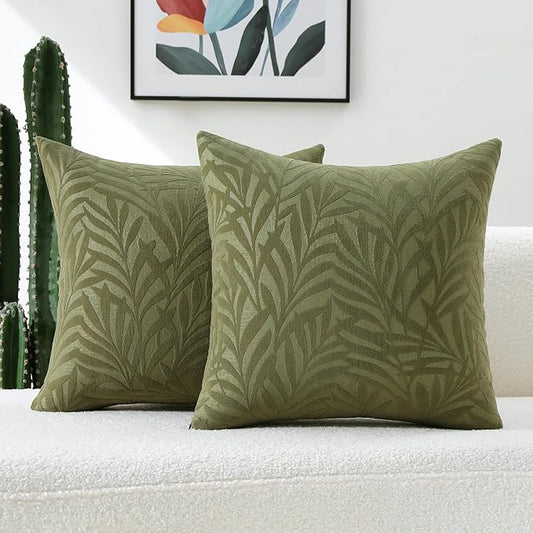 FUTEI Olive Green Decorative Throw Pillow Covers 20x20 Inch Set of 2,Soft Chenille Phoenix Tail Leaf Textured Cushion Case,Modern Home Decor for Couch Bed Living Room