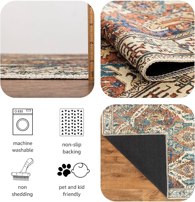 Keen Home Design 2x12 Rug - Machine Washable Runner with Non-Slip Backing, Ideal for Hallway, Entryway, Kitchen, Laundry Room - Vintage, Easy Clean, Durable, Low Pile Rug - (2'6" x 12')