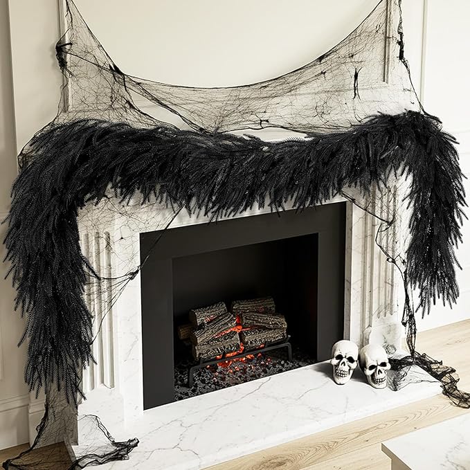 N&T NIETING 5.9FT Halloween Black Artificial Norfolk Pine Garland Real Touch Christmas Garlands Faux Garland for Table Mantle Holiday Fireplace Indoor Outdoor Christmas Halloween Decorations