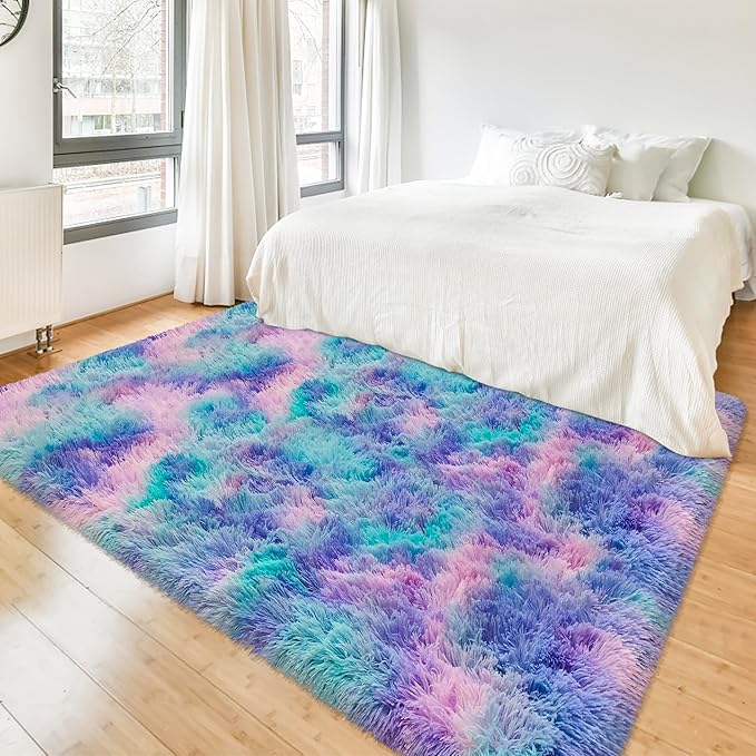 Tie-Dye Purple Rainbow Fluffy Rug for Bedroom 4x6ft Soft Shag Area Rug Mat Bedside Throw Rug for Living Room Kids Room Boys Teens Nursery Baby Dorm Office Home Decor Carpets