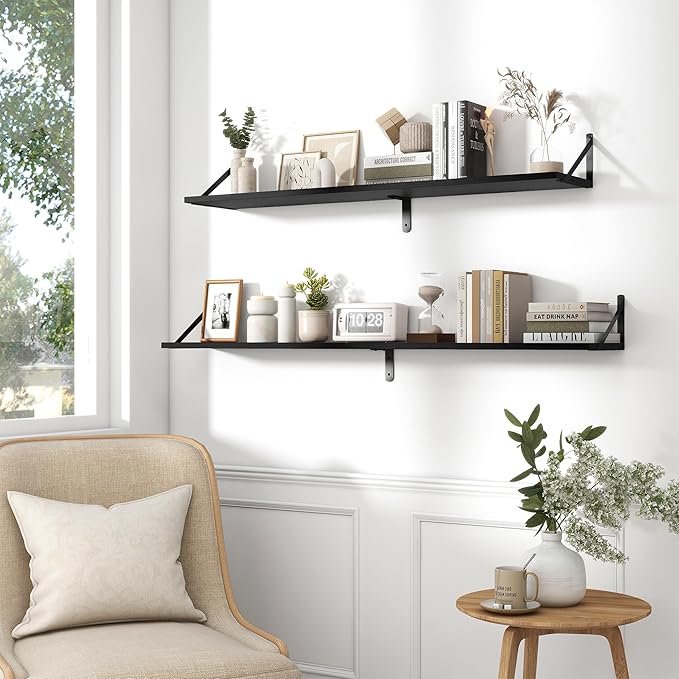Fun Memories Deep Floating Shelves for Wall, 48W x 8D Wall Mounted Shelves Set of 2, Wide Display Ledge Shelf with Sturdy Metal Brackets for Living Room, Bathroom, Bedroom and Kitchen, Black