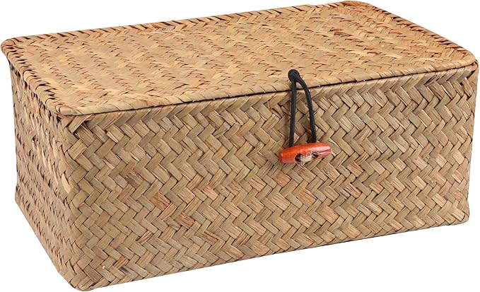 Wicker Shelf Baskets with Lid,Handwoven Seagrass Basket for Storage Basket Bins Rectangular Home Organizer Gift Boxes (Natural Large)