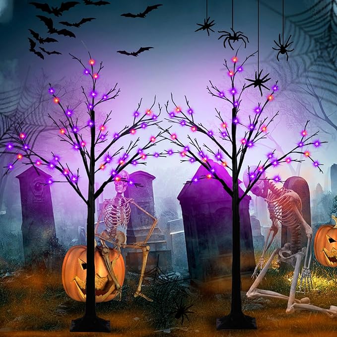 2-Pack 4FT Lighted Black Halloween Tree with 96 LED Orange & Purple Lights (Higher Size & Floor Standing), Halloween Decorations Spooky Tree for Indoor & Outdoor, Home Holiday Party Garden Lawns Decor