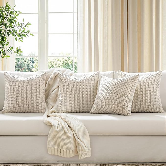 MIULEE Throw Pillow Covers Soft Couch Decorative Set of 4 Boho Striped Cushion Covers Corduroy Pillowcases Farmhouse Home Decor for Couch Bed Sofa Living Room 18x18 Inch Beige