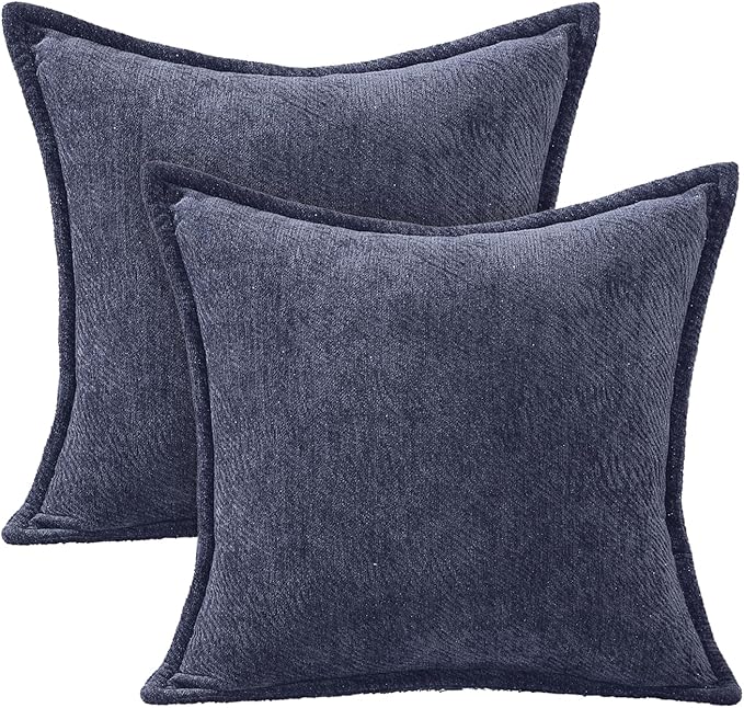 AVOIN colorlife Dark Blue Chenille Throw Pillow Covers 18 x 18 Inch Set of 2, Soft Cozy Bound Edge Design Home Decor Cushion Case for Living Room Bed Sofa Coach