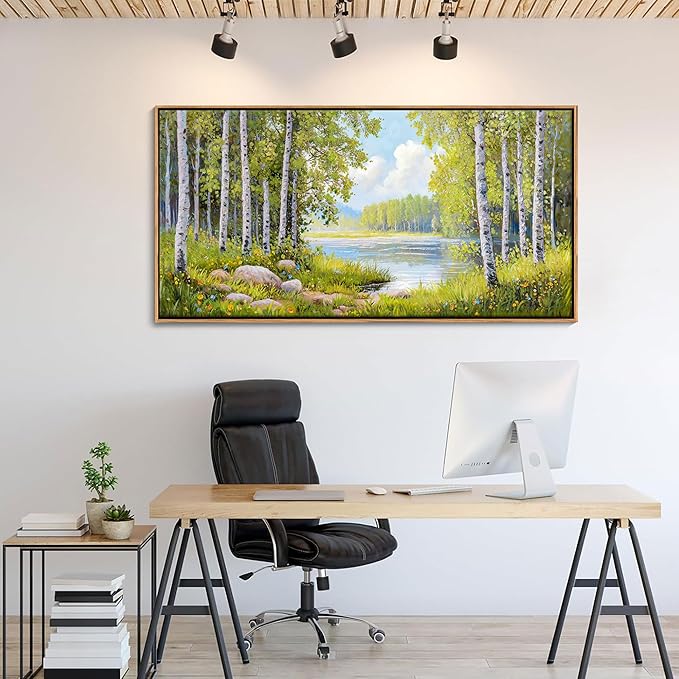 Forest & Mountain Wall Art Green Framed Nature Landscape Pictures for Living Room, Bedroom & Office Large Paintings Wall Decor Tree, Lake, and Mountain Artwork for Wall Decor 24x48IN