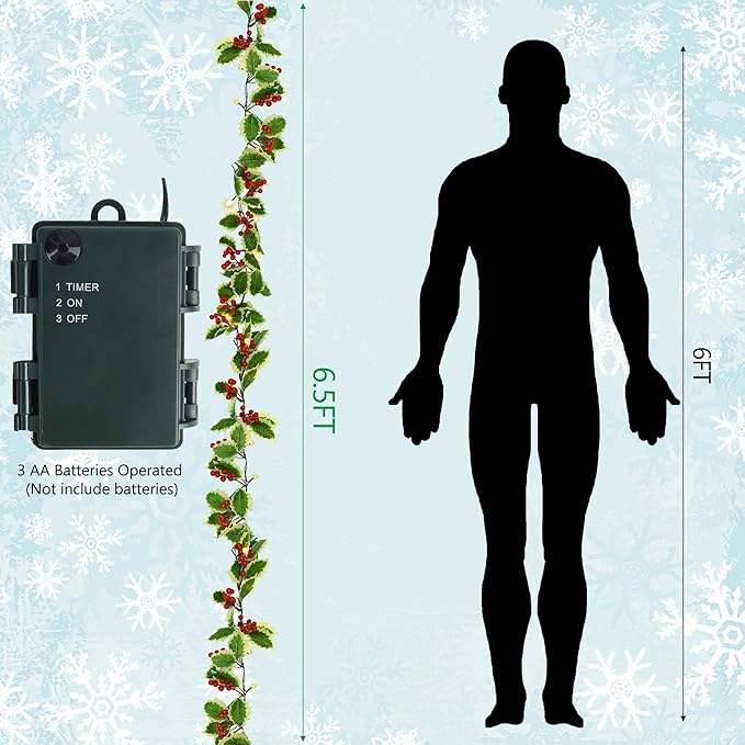 Juegoal Christmas Garland, 6.5FT Pre-lit Red Berries & Holly Leaves Garlands, Artificial Lighted Berry Garland Battery Operated with Timer, Indoor Outdoor Fireplace Gate Home Winter New Year Decor