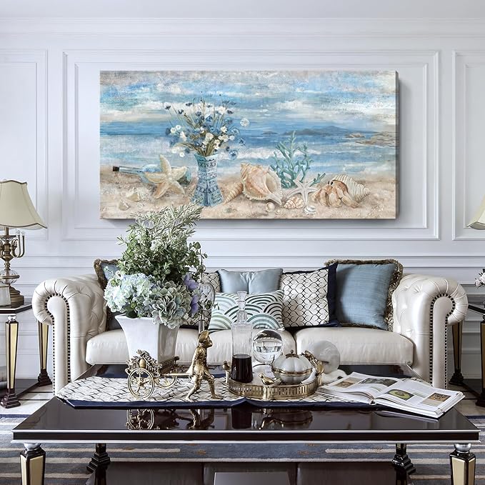Beach Canvas Wall Art for Living Room Ocean Theme Seaside Print Blue Coastal Picture Abstract Seascape Landscape Pink Teal Painting Daisy Flower in Indian Vase Framed Artwork for Home Decor 30x60inch