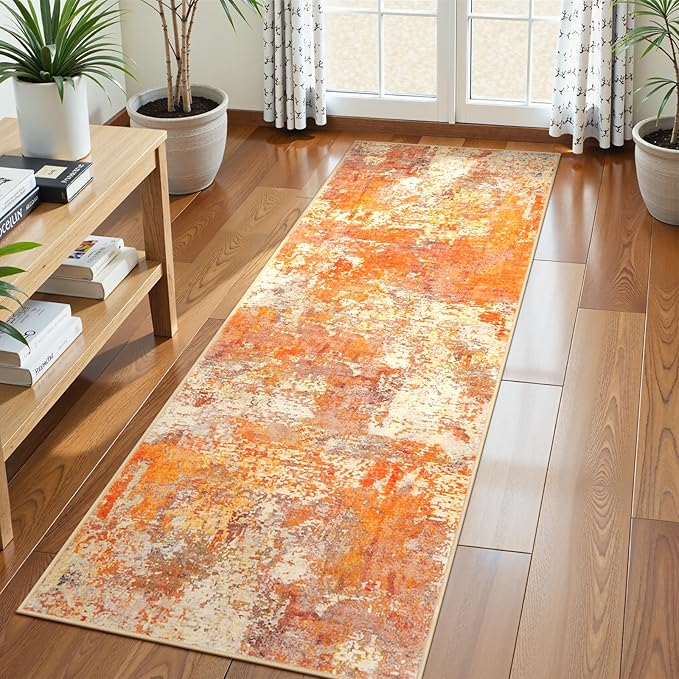 Lahome Modern Abstract Runner Rug - 2x6 Hallway Runner Rugs Long Bathroom Runner Washable Carpet Runner, Contemporary Soft Non Skid Indoor Floor Runners for Kitchen Laundry Room, Yellow/Gold/Cream