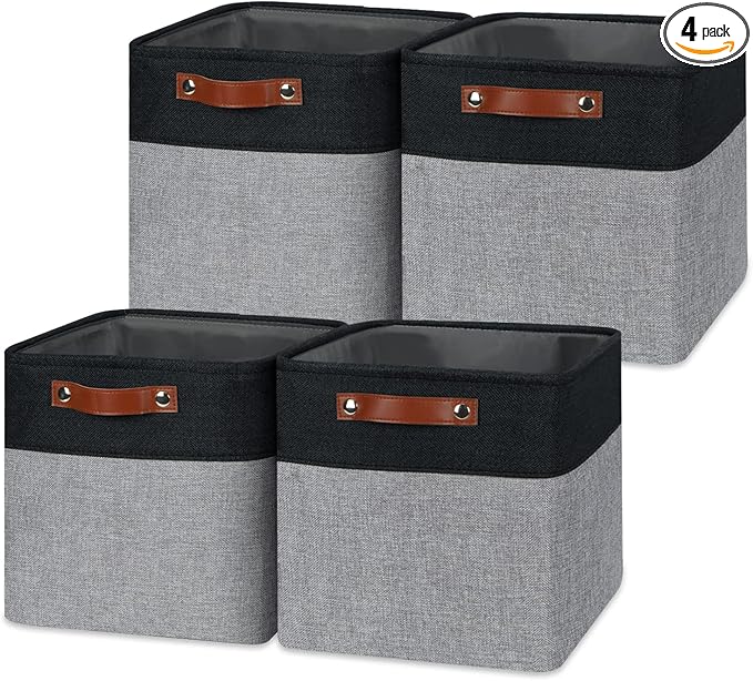 Temary Storage Baskets Fabric Storage Cubes 4 Pack Basket for Organizing, Collapsible Cloth Baskets with Handles for Shelves, Closet (Black&Gray)