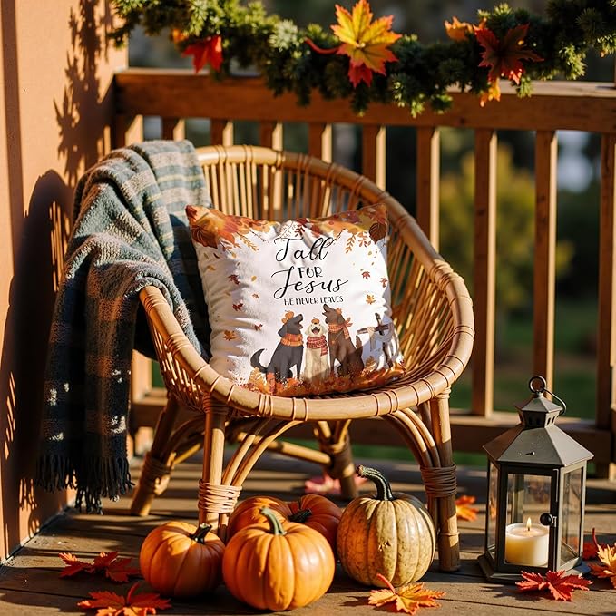 Christian Fall Dog Pillow Covers 18x18, Farmhouse Autumn Decor, Fall for Jesus He Never Leaves Pumpkin Autumn Maple Leaves Funny Puppy Decorative Throw Pillow Covers for Home Bedroom Living Room