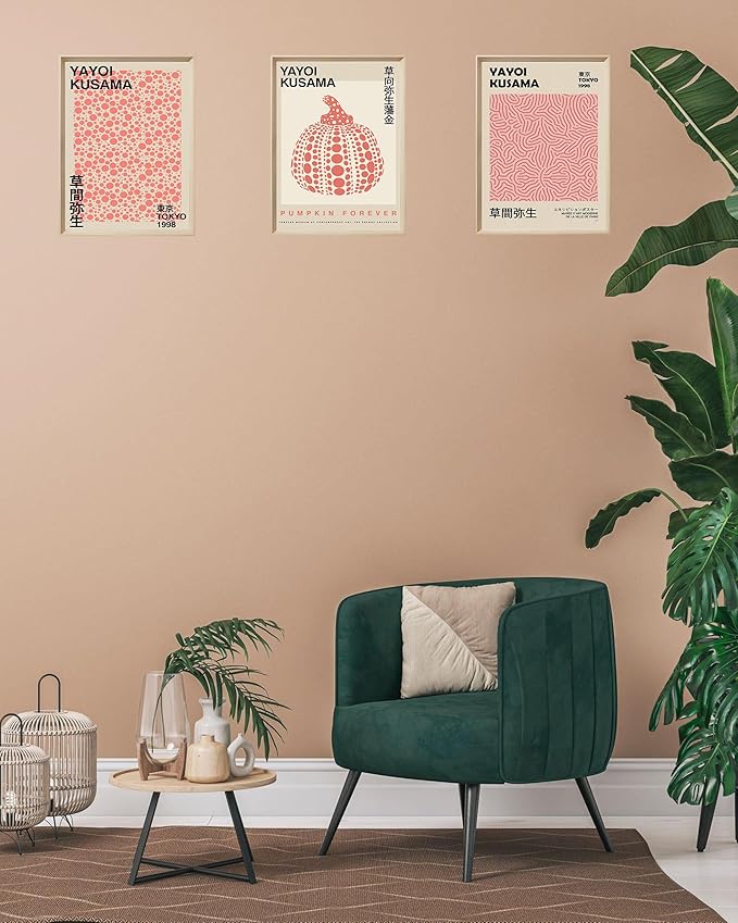 UPWOIGH 12x16 Framed Wall Art Set of 3, Yayoi Kusama Pumpkin Infinity Net Dots Canvas Prints, Modern Cotton Pattern Wall Decor for Living Room Bedroom, Gift