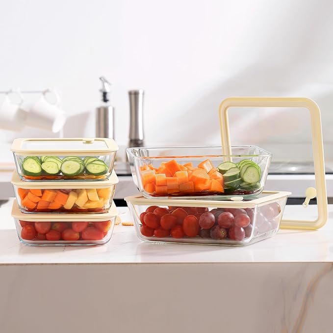 Urban Green Glass Food Container Set with Glass Lid, 3 Pack, Food Storage Containers Set, Airtight, LeakProof, 100% Plastic Free, Meal Prep Containers (White Color)