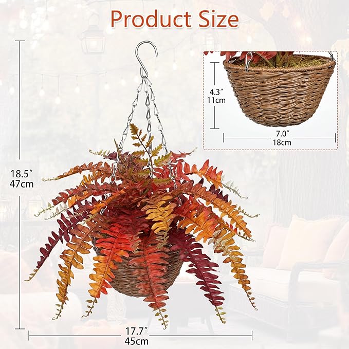 Hollyone Fall Hanging Baskets Small Artificial Fern Orange 21 Leaves Fall Hanging Decor Plant Boston Ferns Silk Plants with Brown Rattan Baskets Outdoors Indoor Fake Fern Autumn Decorations for Home