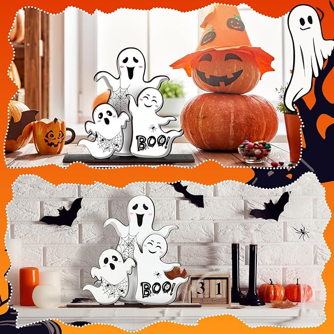 Halloween Ghost Table Decorations Cute Ghost Decor Indoor Halloween Wooden Table Centerpieces Farmhouse Boo Signs Tiered Tray Decor for Party Desk Home Living Room