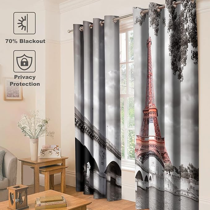 Jekeno Paris Eiffel Tower Blackout Curtains Landmark Picture of Famous Place Cityscape Scene Decor for Home Bedroom Living Room Grommet Window Drapes 2 Panel Set, 52"x84"