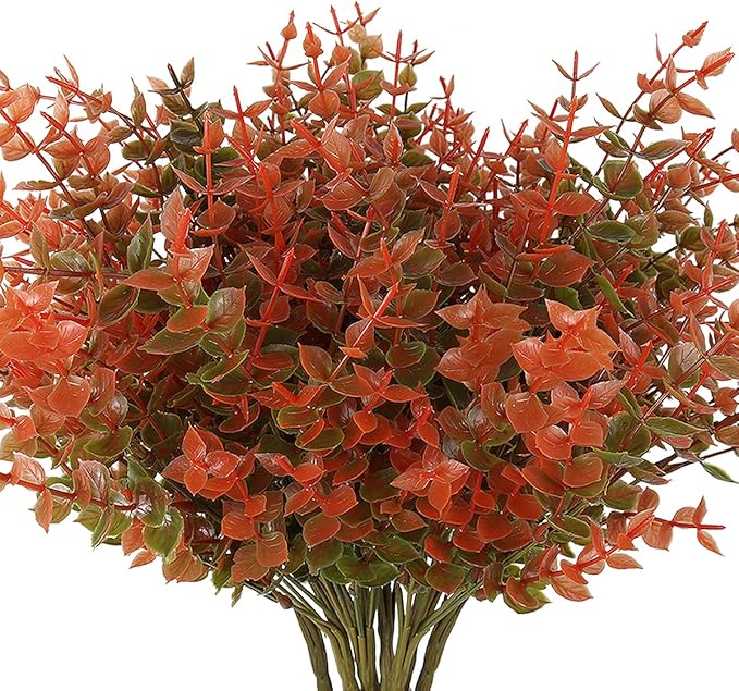 RECUTMS 8 Bundles Artificial Fall Flowers No Fade Faux Autumn Plants, Fake Indoor Outdoor Greenery Decorations for Thanksgiving Christmas Wedding Party Home Garden Fireplace Décor(Fall Eucalyptus)