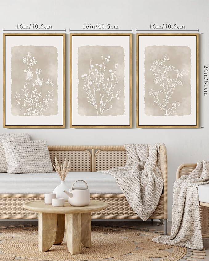 KUVIOKE Boho Botanical Flower Wall Art Framed Vintage Floral Wall Prints Wildflower Neutral Rustic Bohemain Artwork Kitchen Bedroom Decor 16x24in (Natural Framed)