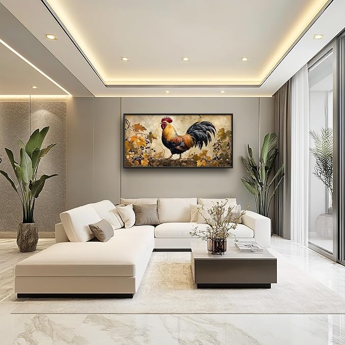 Flintis Large Rooster Framed Wall Art Vintage Chicken Grapevine Pictures Wall Decor Abstract Animal Canvas Painting Print Artworks Decor Framed for Living Room Bathroom Master Bedroom 60L X 30W